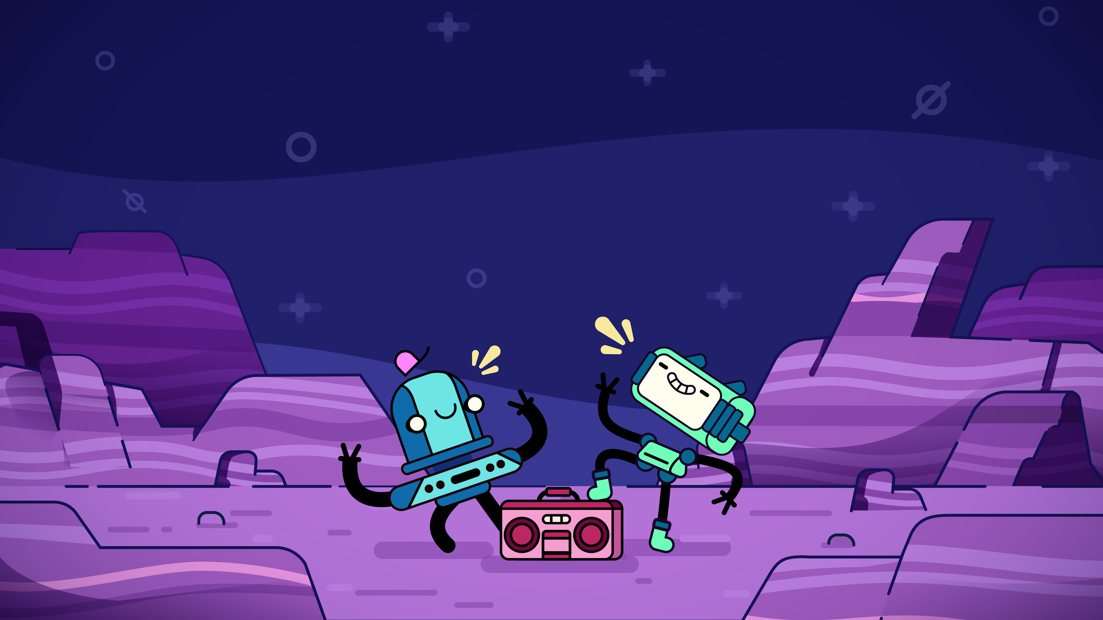 Two Bots dancing with a radio